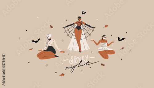 Hand drawn abstract vector graphic clipart illustrations,Halloween holiday costume party adult people characters collection set.Creepy Halloween design poster concept.Happy Halloween contemporary art.