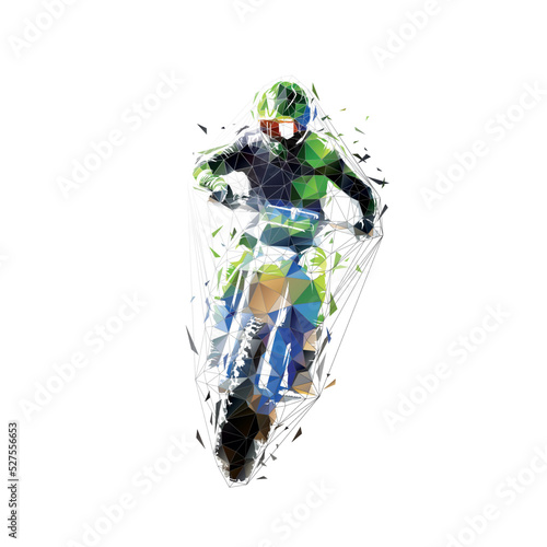 Motocross. Rider jumping on motorcycle, isolated low polygonal vector illustration, front view. Enduro motocross logo, geometric drawing from triangles