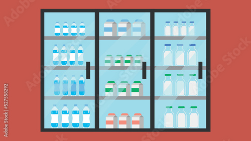 Refrigerated showcase in a store with dairy products