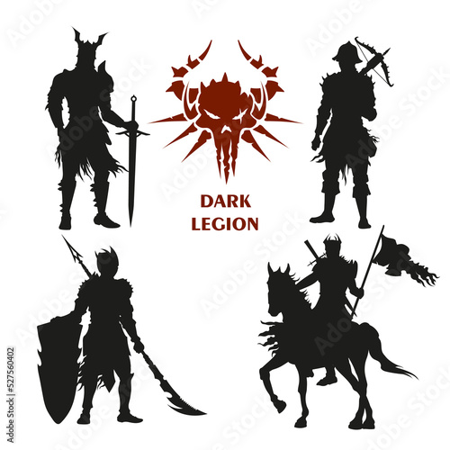 Fantasy dark knights silhouettes. Isolated black warriors icons. Game characters of daemon army. Medieval hell fighters