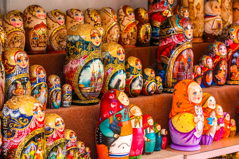 Saint-Petersburg, Russia. Traditional handicraft wooden souvenirs at street gift store.