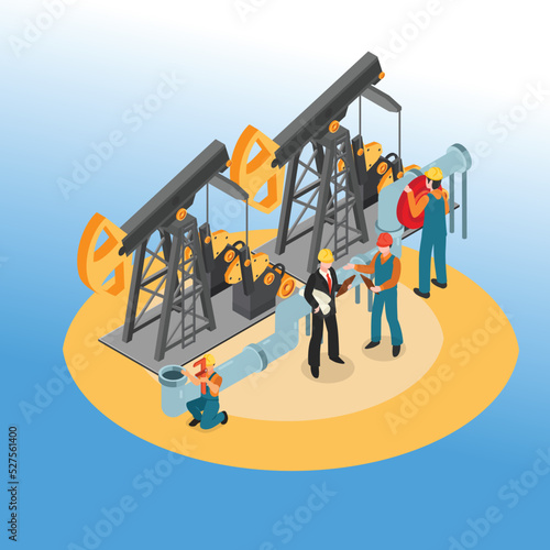 Site manager and engineers working at oil rig isometric 3d vector illustration concept for banner, website, illustration, landing page, flyer, etc.