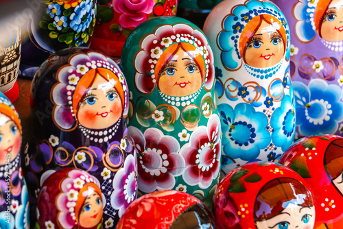 Saint-Petersburg  Russia. Traditional handicraft wooden souvenirs at street gift store.