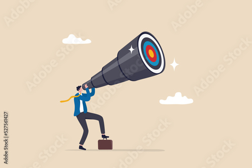 Search for business target or goal, mission or objective to achieve, discover purpose or find strategy to reach goal or destination concept, businessman look through telescope to find target or goal.