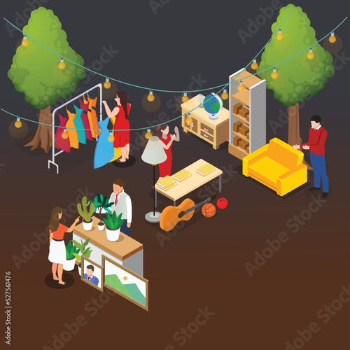 People shopping at night market isometric 3d vector illustration concept for banner, website, illustration, landing page, flyer, etc.