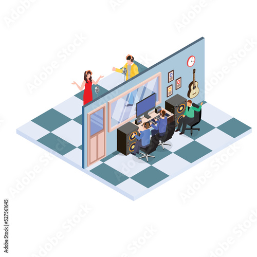 Singer singing and recording music at a studio isometric 3d vector illustration concept for banner, website, illustration, landing page, flyer, etc.