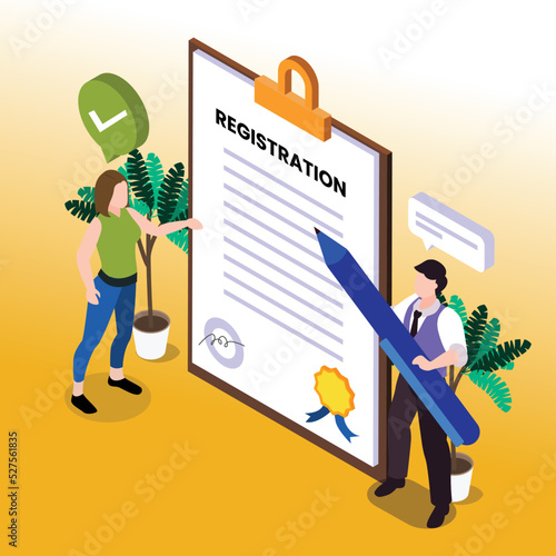 People with registration form isometric 3d vector illustration concept for banner, website, illustration, landing page, flyer, etc.