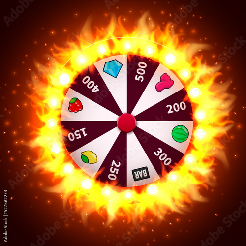 Burning wheel of luck or fortune. Gamble chance leisure. Colorful gambling wheel. Online casino. Web landing page template or banner for internet casino. Big win concept.