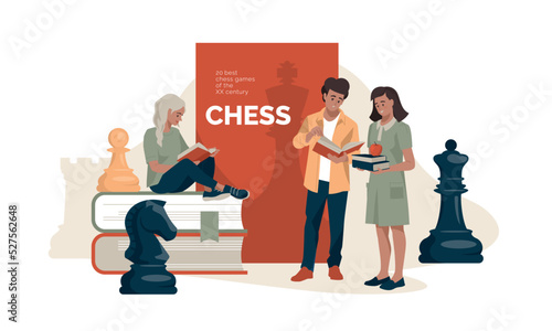 Chess. Learning to play chess. Books and chess pieces. Girl and guy with a book. Concept. Vector image.