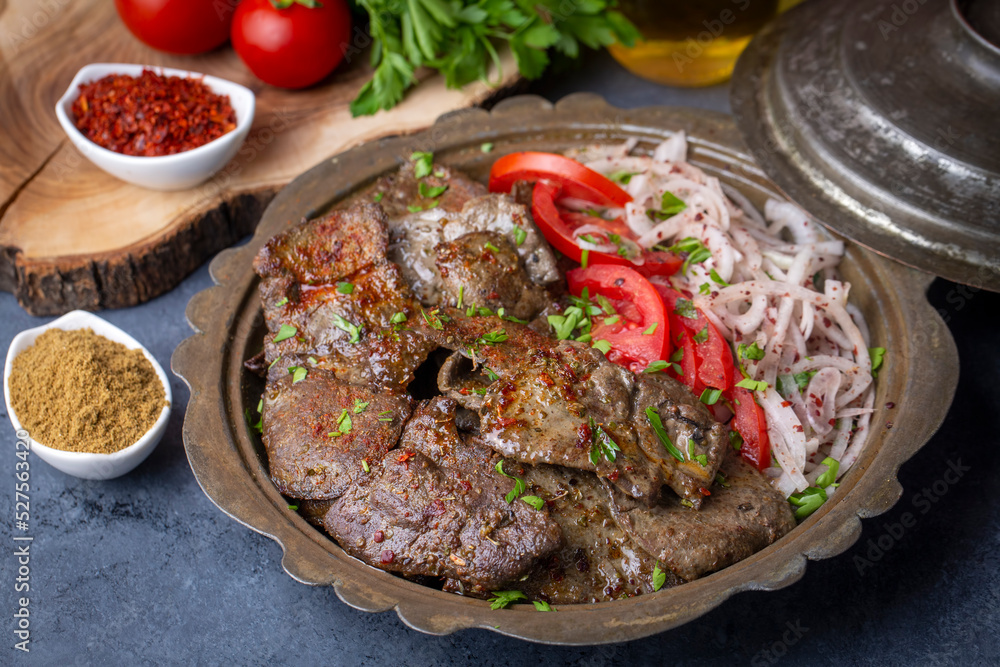 Traditional Turkish Liver kebab cuisine. Leaf Liver spicy. Delicious turkish ciger. (Turkish name; yaprak ciger) Traditional Turkish Liver kebab cuisine. Leaf Liver spicy. Delicious turkish ciger. (Turkish name; yaprak ciger)
