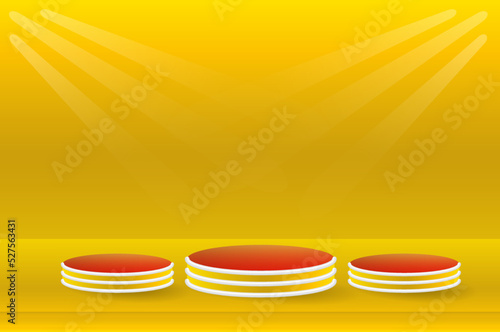 A podium, a fantastic golden landscape and a red carpet for the awards. 
An empty space for your design. 3d image.
