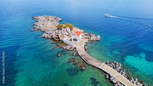 Authentic traditional Greek islands- unspoiled Chios, little church in the sea over the rocks Agios Isidoros. Eastern Aegean islands © Esin Deniz