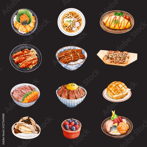 Pineapple bun, souffle, takoyaki, sashimi, udon, omurice, rice with beef, rice bowl, salmon, unagi, crayfish udon. Set of Japanese food vector illustration.