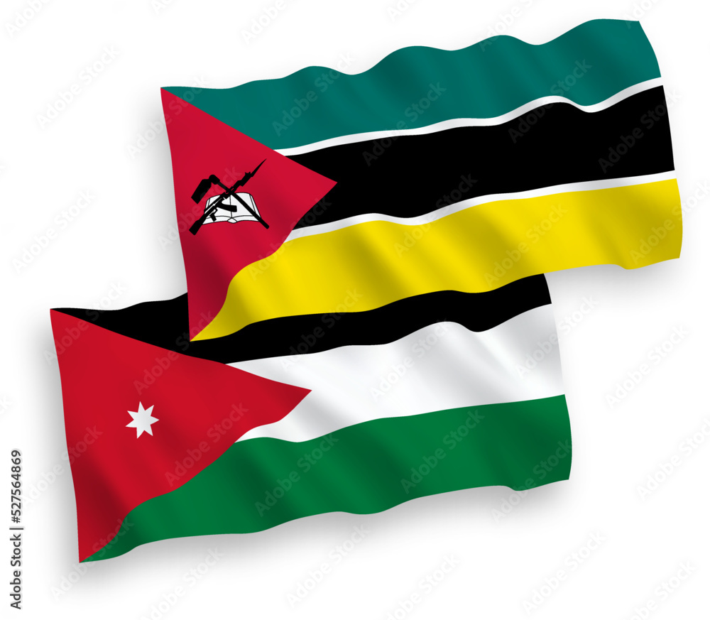 National vector fabric wave flags of Republic of Mozambique and Hashemite Kingdom of Jordan isolated on white background. 1 to 2 proportion. National vector fabric wave flags of Republic of Mozambique and Hashemite Kingdom of Jordan isolated on white background. 1 to 2 proportion.