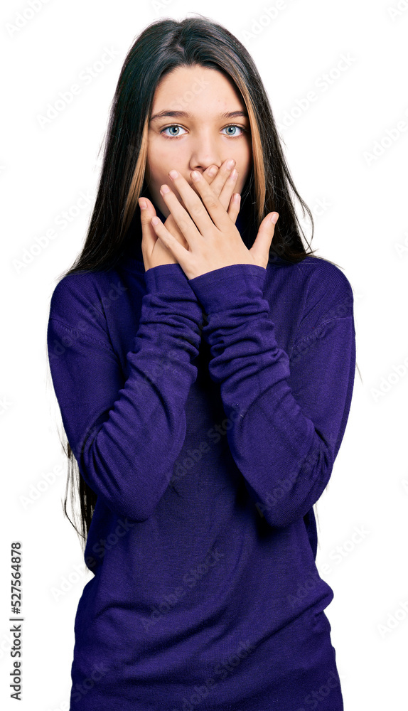 Young brunette girl with long hair wearing turtleneck sweater shocked covering mouth with hands for mistake. secret concept. Young brunette girl with long hair wearing turtleneck sweater shocked covering mouth with hands for mistake. secret concept.