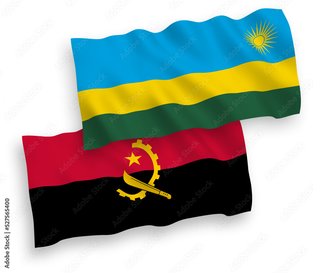 National vector fabric wave flags of Republic of Rwanda and Angola isolated on white background. 1 to 2 proportion. National vector fabric wave flags of Republic of Rwanda and Angola isolated on white background. 1 to 2 proportion.