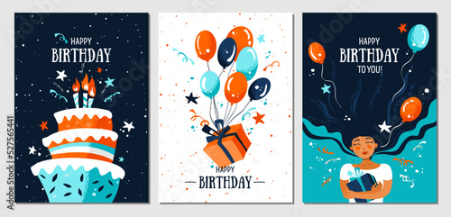 Set of postcards with a woman, gift, balloons, confetti, cake and candles. Holliday, party, vacation, happy birthday. Vector templates for card, poster, flyer, banner and other