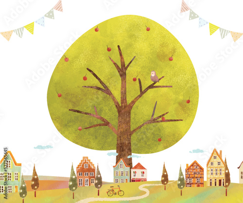 手描き-フクロウのいる赤い実のなる北欧風かわいい大きな木ーエコのイメージのイラスト白バック素材