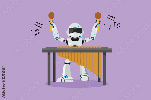 Character flat drawing active robot percussion player play marimba at music folk festival. Robotic musician artificial intelligence. Electronic technology industry. Cartoon design vector illustration