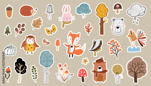 Autumn stickers collection with cute animals and seasonal elements