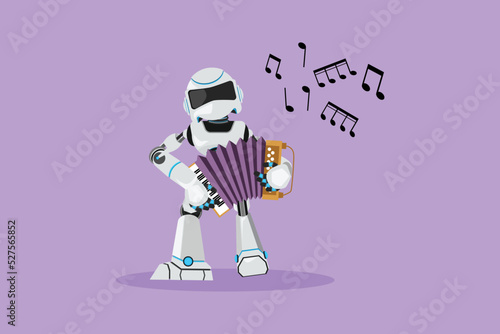 Character flat drawing robot musician playing accordion. Accordionist performance. Future technology development. Artificial intelligence machine learning processes. Cartoon design vector illustration