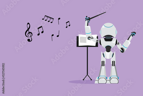 Flat cartoon style drawing back view of robot conductor character performing on stage, directing symphony orchestra. Modern humanoid robotic cybernetic organism. Graphic design vector illustration