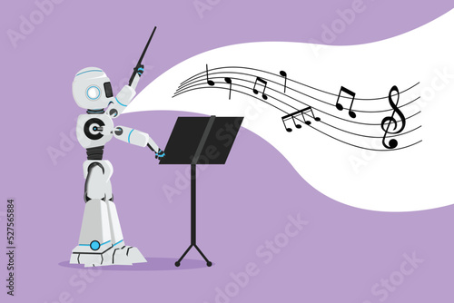 Graphic flat design drawing robot music conductor directing symphony orchestra. Future technology. Artificial intelligence and machine learning processes. Cartoon style character vector illustration