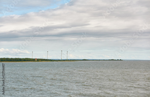 Muhu strait  Estonia  Baltic sea. Dramatic sky  storm clouds  water surface texture. Panoramic view. Nature  eco tourism  weather themes 