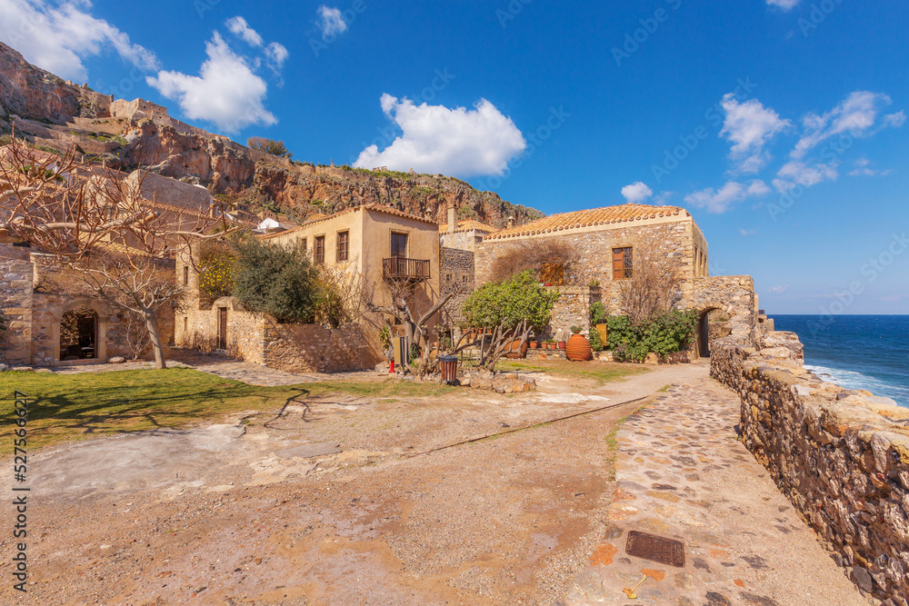 Monemvasia houses and sea in Peloponnese, Greece