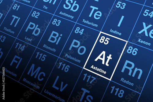 Astatine on periodic table. Extremely radioactive chemical element with symbol At, named after Greek astatos, meaning unstable, and with atomic number 85. Rarest naturally occurring element on Earth.