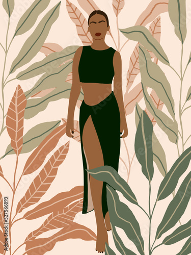 Boho poster with Abstract Woman portrait, exotic tropical Leaves on Pastel Background. Minimalist Woman illustration for poster, banner, placard, print, canvas in earth tone. Vector