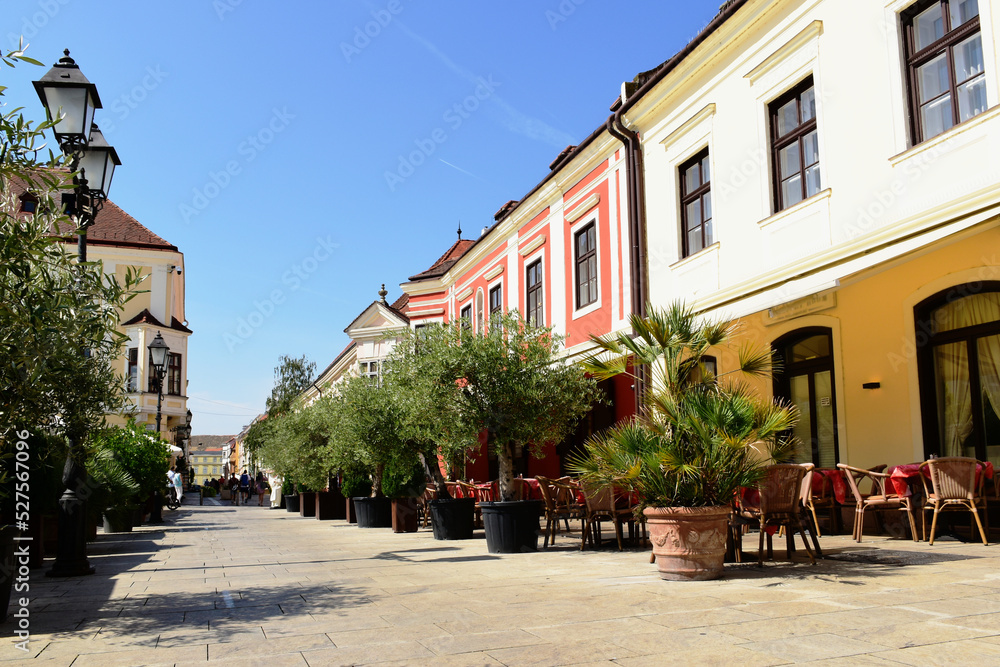 mediterranean street and alley with restaurant terraces. lush potted green plants. stone tile pavement. diminishing perspective. travel and tourism concept. colorful stucco house facades. blue sky.