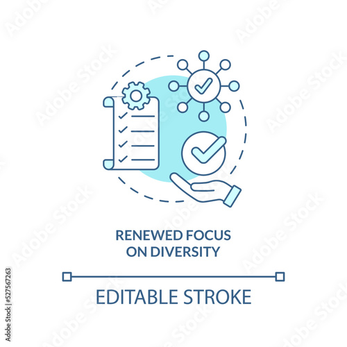 Renewed focus on diversity turquoise concept icon. Inclusion. Social media trend abstract idea thin line illustration. Isolated outline drawing. Editable stroke. Arial, Myriad Pro-Bold fonts used