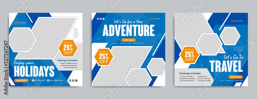 Holiday travel promotion social media banner post template with logo and business icon. Travelling, tour & tourism online marketing flyer. Summer beach traveling web poster with geometric background  