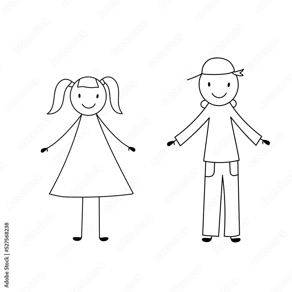 Cute stick smiling girl and boy. Vector illustration in doodle style isolated on white