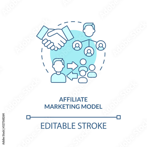 Affiliate marketing model turquoise concept icon. Paying commission. Business model abstract idea thin line illustration. Isolated outline drawing. Editable stroke. Arial, Myriad Pro-Bold fonts used