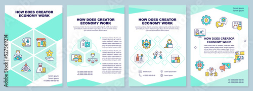 How does creator economy work brochure template. Leaflet design with linear icons. Editable 4 vector layouts for presentation, annual reports. Arial-Black, Myriad Pro-Regular fonts used