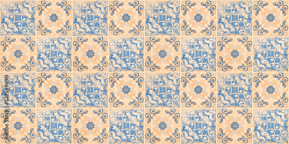 Old blue orange vintage worn geometric shabby mosaic ornate patchwork motif porcelain stoneware tiles,  square stone concrete cement tile mirror wall texture background