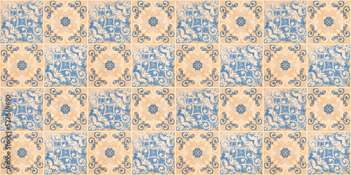 Old blue orange vintage worn geometric shabby mosaic ornate patchwork motif porcelain stoneware tiles, square stone concrete cement tile mirror wall texture background