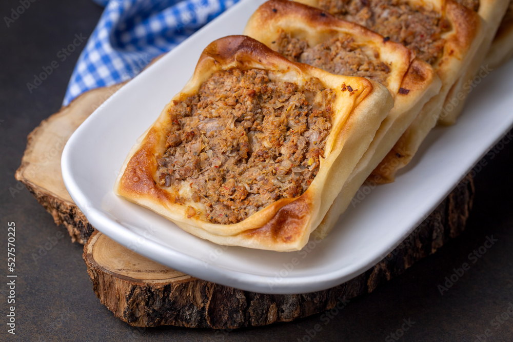 Traditional delicious Turkish foods; Kaytaz pastry with minced meat of Turkey Hatay - Antakya region (Turkish name; Kaytaz boregi)