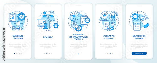 Key elements of business plan blue onboarding mobile app screen. Walkthrough 5 steps editable graphic instructions with linear concepts. UI, UX, GUI template. Myriad Pro-Bold, Regular fonts used