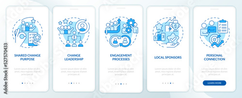 Critical success factors blue onboarding mobile app screen. Business walkthrough 5 steps editable graphic instructions with linear concepts. UI, UX, GUI template. Myriad Pro-Bold, Regular fonts used © bsd studio