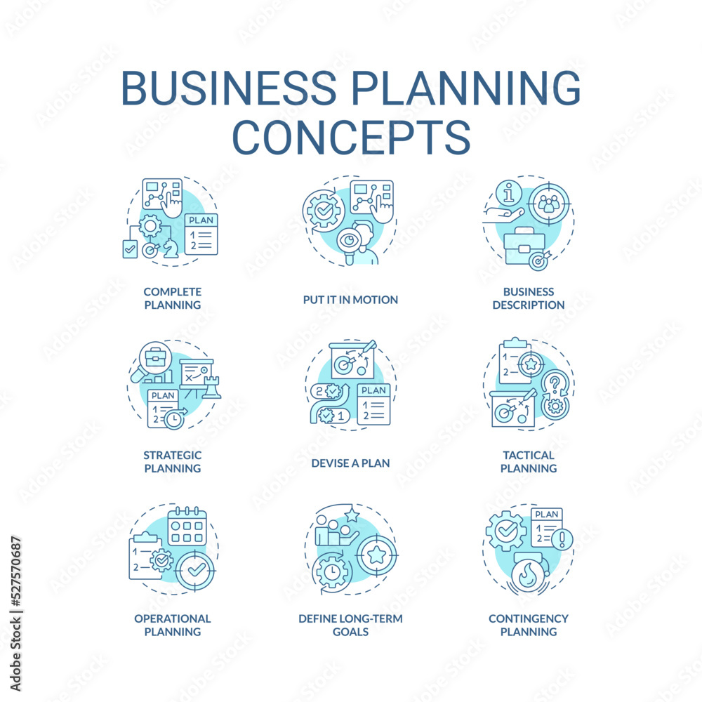 Business planning turquoise concept icons set. Building growth strategy. Management idea thin line color illustrations. Isolated symbols. Editable stroke. Roboto-Medium, Myriad Pro-Bold fonts used
