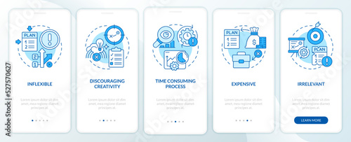 Disadvantages of planning blue onboarding mobile app screen. Walkthrough 5 steps editable graphic instructions with linear concepts. UI, UX, GUI template. Myriad Pro-Bold, Regular fonts used