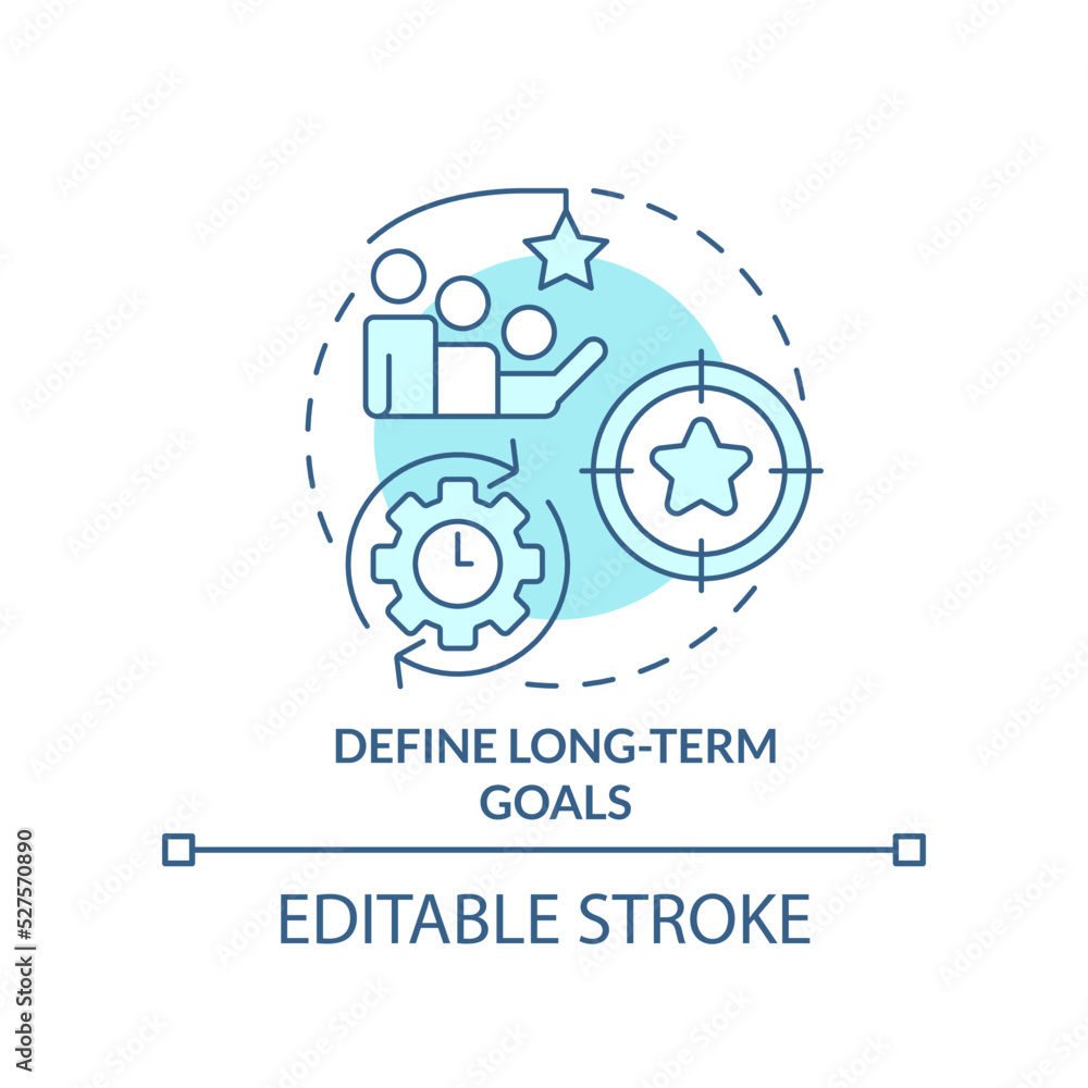 Define long term goals turquoise concept icon. Incentives for development. Planning abstract idea thin line illustration. Isolated outline drawing. Editable stroke. Arial, Myriad Pro-Bold fonts used Define long term goals turquoise concept icon. Incentives for development. Planning abstract idea thin line illustration. Isolated outline drawing. Editable stroke. Arial, Myriad Pro-Bold fonts used