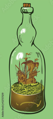 vector image of an old ship in a bottle in the style of cartoon book graphics	