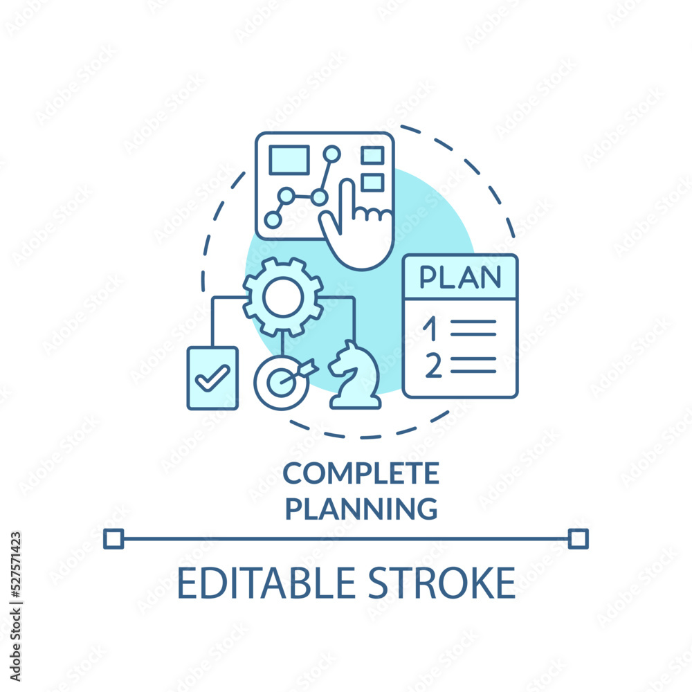 Complete planning turquoise concept icon. Full picture of business. Strategy type abstract idea thin line illustration. Isolated outline drawing. Editable stroke. Arial, Myriad Pro-Bold fonts used Complete planning turquoise concept icon. Full picture of business. Strategy type abstract idea thin line illustration. Isolated outline drawing. Editable stroke. Arial, Myriad Pro-Bold fonts used