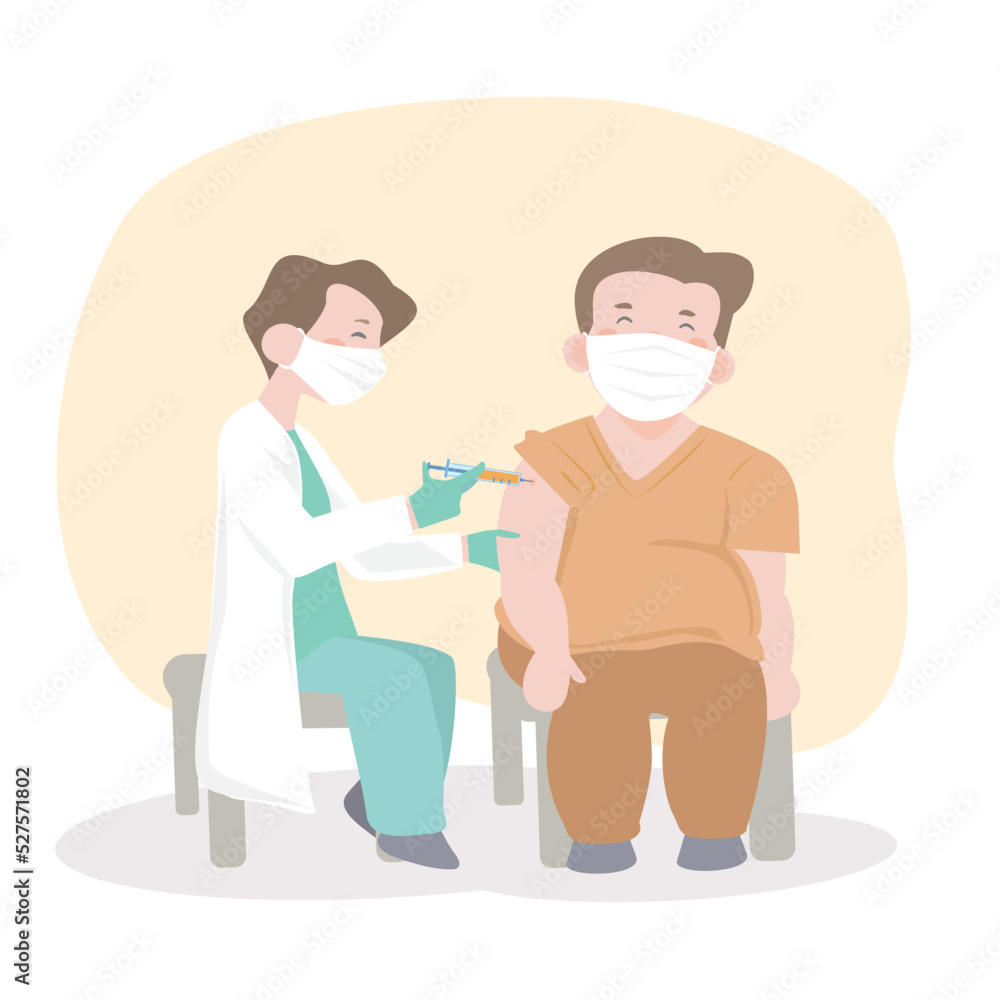 Doctor in clinic giving coronavirus vaccine to fat people.young man and doctor woman.Time to vaccinate.vaccination of the high risk people.prevention COVID-19.flat design vector illustion.