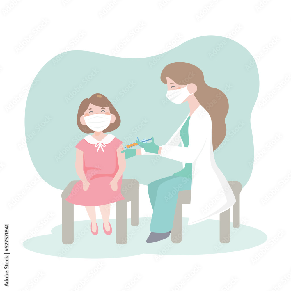 Time to vaccinate. Doctor in clinic giving vaccine to children. little girl and doctor woman. vaccination of the kid at hospital. flat design vector illustion. Time to vaccinate. Doctor in clinic giving vaccine to children. little girl and doctor woman. vaccination of the kid at hospital. flat design vector illustion.