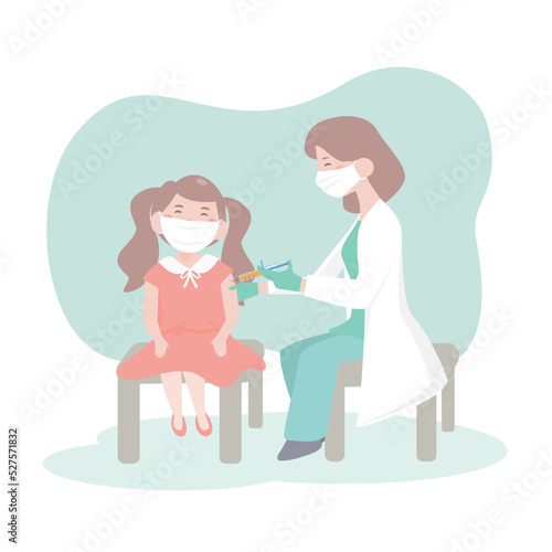 Time to vaccinate. Doctor in clinic giving vaccine to children. little girl and doctor woman. vaccination of the kid at hospital. flat design vector illustion. 